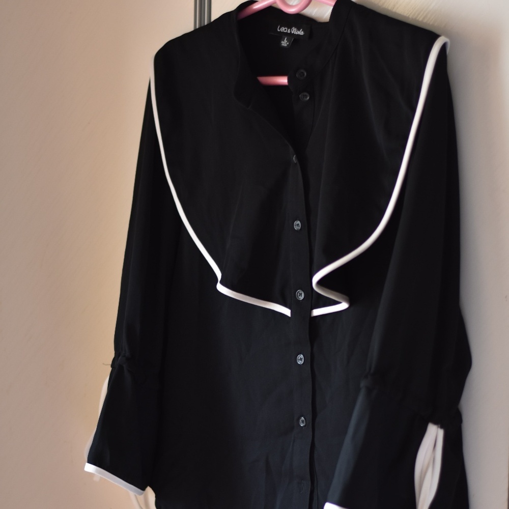Black Blouse with white piping and bell sleeves